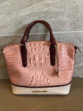 Brahmin Pink Croc-Embossed Satchel with Cream Base and Brown Handles